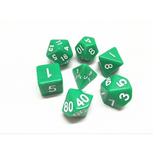 Green Opaque 7pc Dice Set inked in White